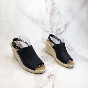 Toms Wedge Women 11 Espadrille Black Platform Slingback Shoe Sandal Open Monica